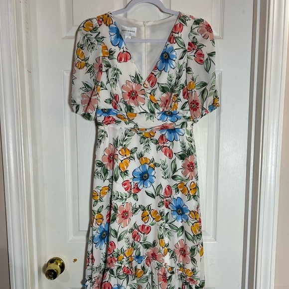 Donna Morgan Blue and Red Ruffled Tiered High low dress. - Picture 1 of 10